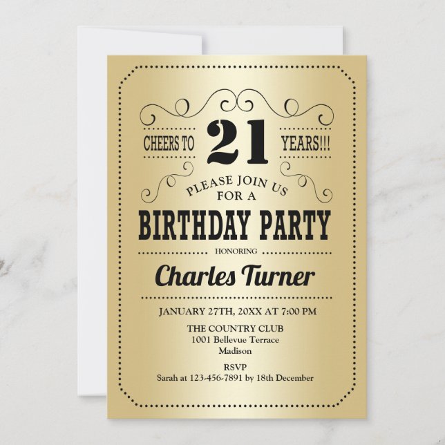 Invitación fiesta de cumpleaños 21 - Negro oro retro (Anverso)