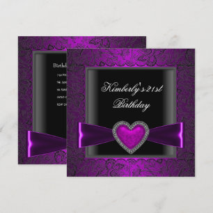 Invitación Fiesta de cumpleaños 21 negro plata corazón púrpur
