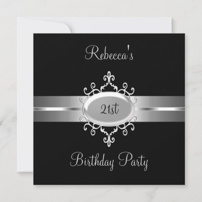 Invitación Fiesta de cumpleaños 21 negro plateado (Anverso)
