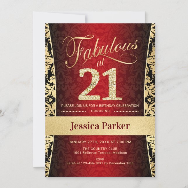 Invitación fiesta de cumpleaños 21 - Negro rojo dorado (Anverso)