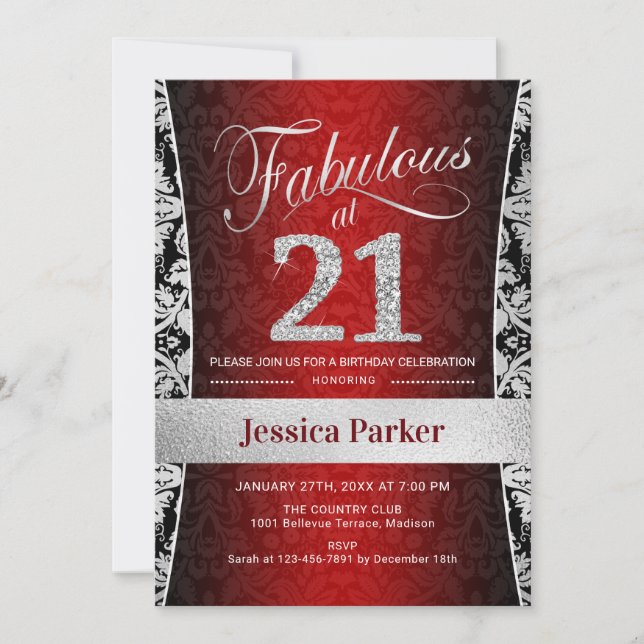 Invitación fiesta de cumpleaños 21 - negro rojo plateado (Anverso)
