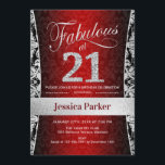 Invitación fiesta de cumpleaños 21 - negro rojo plateado<br><div class="desc">Invitación a la Fiesta de Cumpleaños 21 en negro y plata rojo. Elegante carta de invitación con falsos purpurinas de plata y diamantes. Presenta el patrón de damasco y el tipo de letra del guión. ¡Fabuloso a los veintiuno! El diseño clásico es perfecto para un fiesta elegante. Por favor, envíame...</div>
