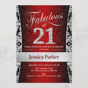 Invitación fiesta de cumpleaños 21 - negro rojo plateado