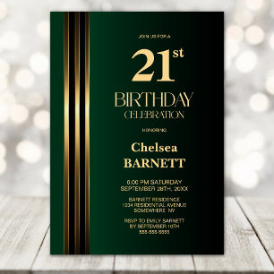 Invitación Fiesta de cumpleaños 21 negro verde con rayas dora