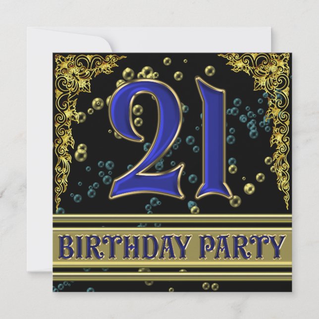 Invitación Fiesta de cumpleaños 21 negro y dorado (Anverso)
