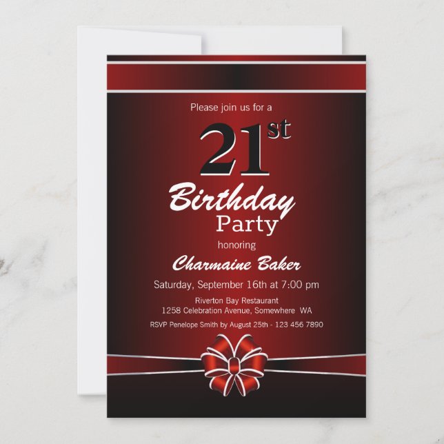 Invitación Fiesta de cumpleaños 21 negro y rojo (Anverso)