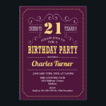 Invitación fiesta de cumpleaños 21 - Oro de Borgoña<br><div class="desc">Invitación a la fiesta de cumpleaños número 21. Elegante vino de marsala burdeos y diseño retro dorado amarillo con letra de guión. ¡Salud a 21 años! Mándame un mensaje si necesitas más personalización.</div>