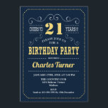 Invitación fiesta de cumpleaños 21 - Oro de la Marina<br><div class="desc">Invitación a la fiesta de cumpleaños número 21. Elegante diseño retro azul marino,  dorado y blanco con letra de guión. ¡Salud a 21 años! Mándame un mensaje si necesitas más personalización.</div>