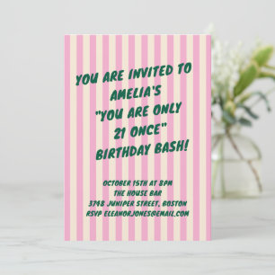 Invitación Fiesta de cumpleaños 21 Pink Green Retro Rayas