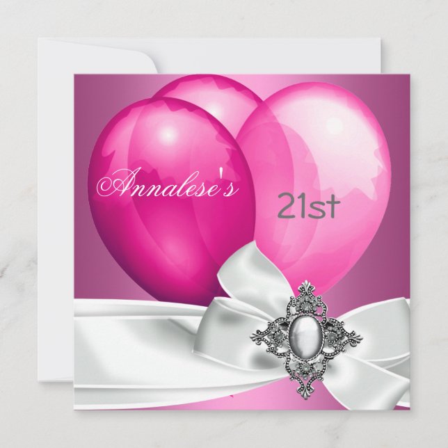 Invitación Fiesta de cumpleaños 21 Pink White Silver Bow glob (Anverso)