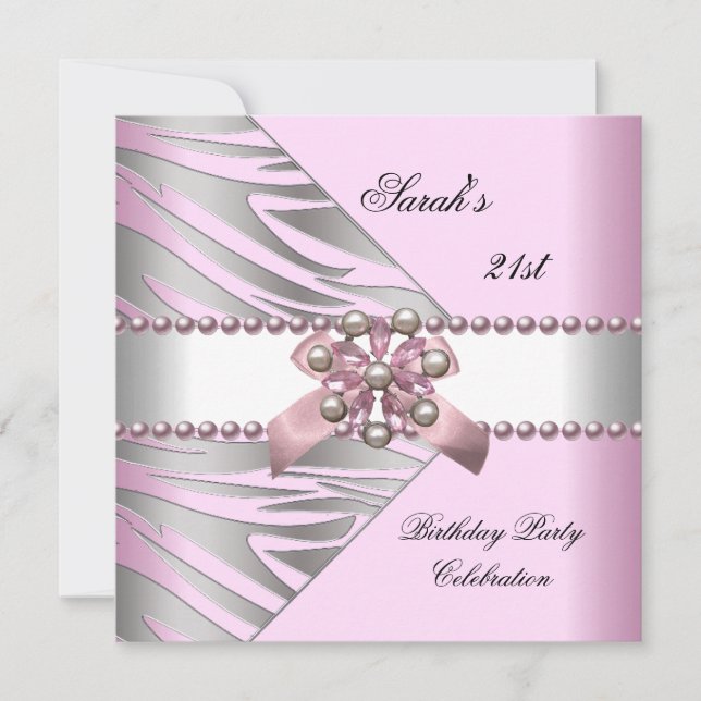 Invitación Fiesta de Cumpleaños 21 Pink Zebra Blanco Perla Ro (Anverso)