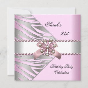 Invitación Fiesta de Cumpleaños 21 Pink Zebra Blanco Perla Ro