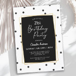 Invitación Fiesta de cumpleaños 21 puntos de confetti negros<br><div class="desc">Una elegante invitación contemporánea a la fiesta de cumpleaños número 21 con un estilo contemporáneo y a la moda, este diseño presenta puntos de polka de confeti dispersos en negro sobre fondo blanco. Un marco doble dorado con un elegante fondo negro rodea el texto. El encantador tipo de guión escrito...</div>
