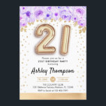 Invitación fiesta de cumpleaños 21 - Purple de globos de oro<br><div class="desc">Invitación a la fiesta de cumpleaños 21. Elegante diseño en falso oro purpurina con acento floral. Invitar tarjeta con el número de oro 21 globos,  letra de guión con confeti. Morado,  lavanda y blanco. Perfecto para una elegante celebración de cumpleaños. Mándame un mensaje si necesitas edad personalizado.</div>