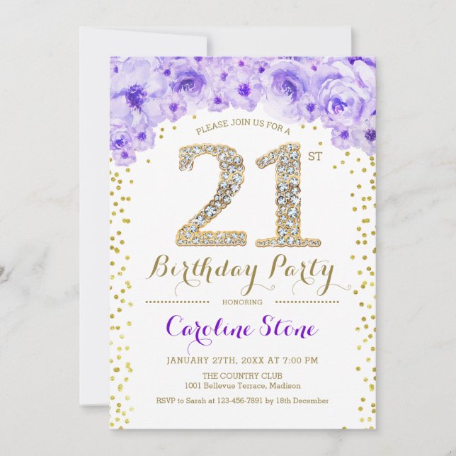 Invitación fiesta de cumpleaños 21 - Púrpura de oro blanco (Anverso)