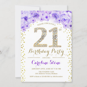 Invitación fiesta de cumpleaños 21 - Púrpura de oro blanco