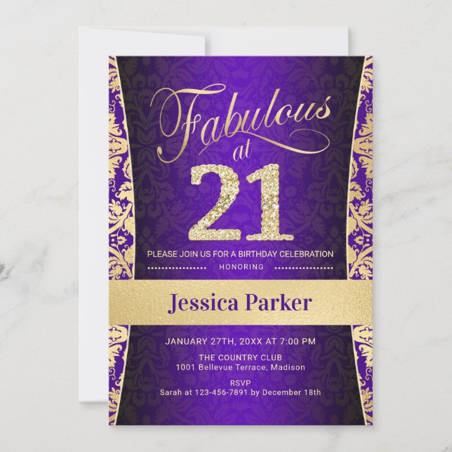 Invitación fiesta de cumpleaños 21 - Púrpura dorada (Anverso)