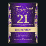 Invitación fiesta de cumpleaños 21 - Púrpura dorada<br><div class="desc">Invitación a la fiesta de cumpleaños 21 en morado y oro. Elegante carta de invitación con oro falso purpurina y diamantes. Presenta el patrón de damasco y el tipo de letra del guión. ¡Fabuloso a los veintiuno! El diseño clásico es perfecto para un fiesta elegante. Por favor, envíame un mensaje...</div>