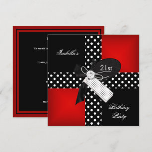 Invitación Fiesta de cumpleaños 21 Red Polka Dot Negro Blanco