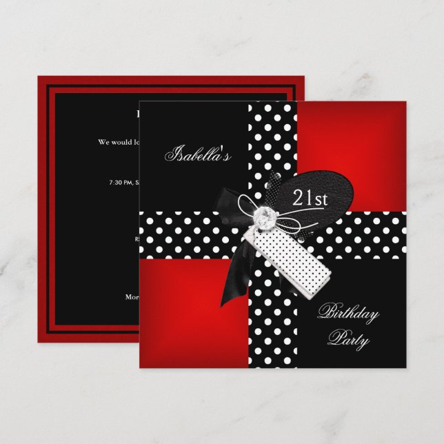Invitación Fiesta de cumpleaños 21 Red Polka Dot Negro Blanco (Anverso / Reverso)