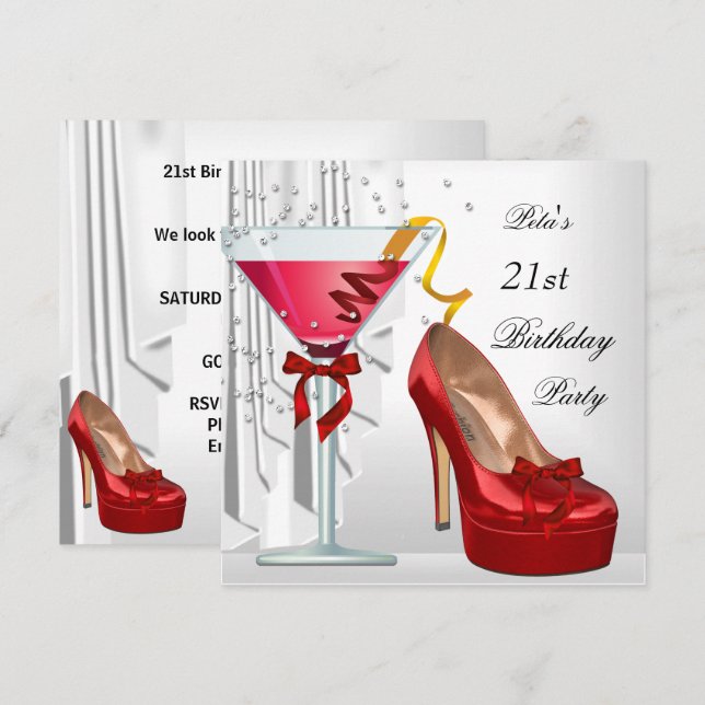 Invitación Fiesta de cumpleaños 21 Red White Zapato de cóctel (Anverso / Reverso)