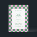 Invitación Fiesta de cumpleaños 21 Retro Checkerboard Rosa Ve<br><div class="desc">Invitación moderna divertida y linda para fiesta de cumpleaños 21 con tablero de ajedrez geométrico en rosa y verde</div>