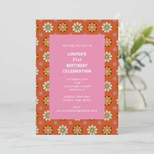 Invitación Fiesta de cumpleaños 21 Retro Floral Naranja Rosa