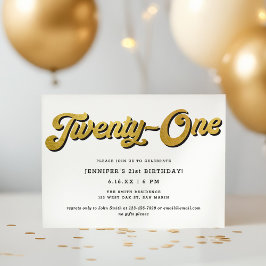 Invitación Fiesta de cumpleaños 21 Retro Script Dorado Blanco