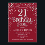Invitación fiesta de cumpleaños 21 - Rojo y Plata<br><div class="desc">Invitación a la fiesta de cumpleaños número 21. Elegante diseño en rojo oscuro y purpurina falso plateado. Presenta un diseño elegante de tipo de letra y letra de guión. Mándame un mensaje si necesitas edad personalizado.</div>