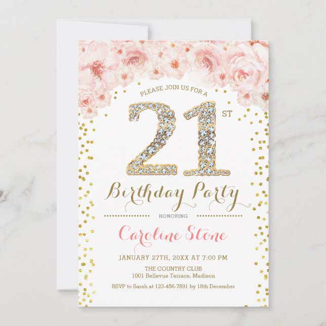 Invitación fiesta de cumpleaños 21 - Rosa de oro blanco (Anverso)
