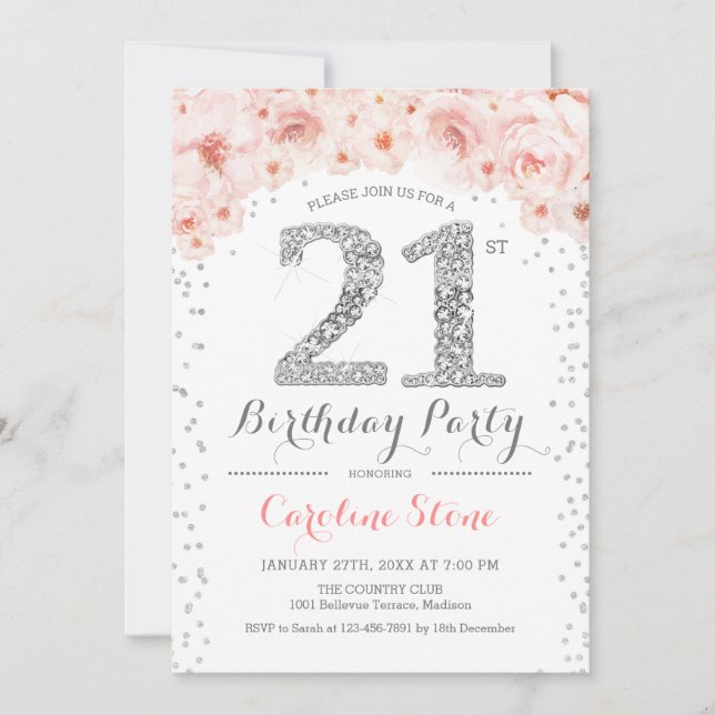 Invitación fiesta de cumpleaños 21 - Rosa Plata Blanca (Anverso)