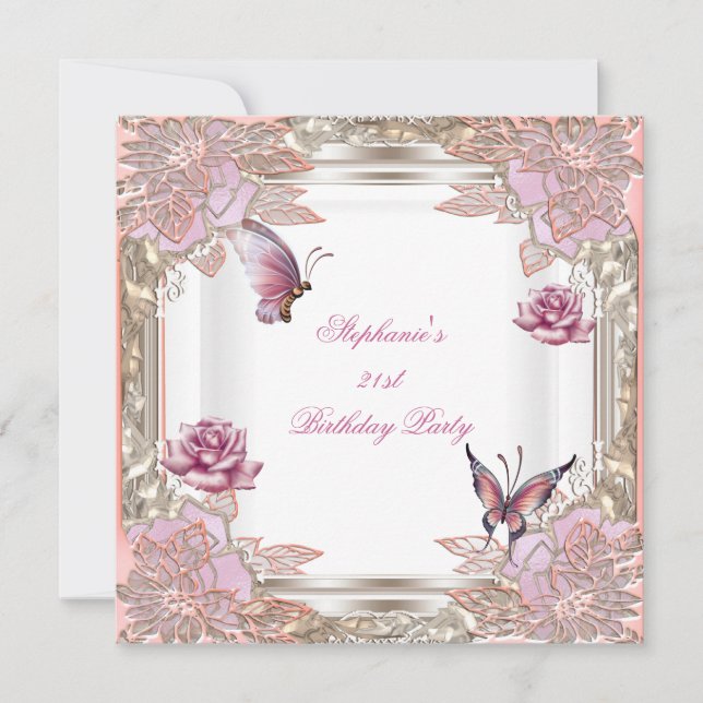 Invitación Fiesta de cumpleaños 21 Rosas rosadas Mariposa bla (Anverso)