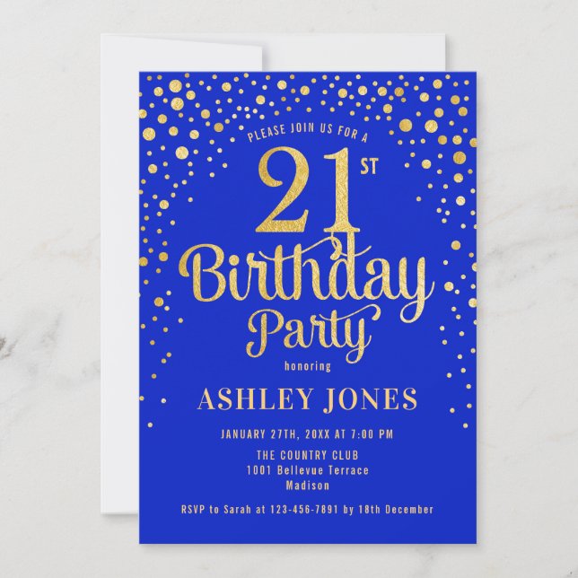 Invitación fiesta de cumpleaños 21 - Royal Blue & Gold (Anverso)