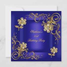 Invitación Fiesta de cumpleaños 21 Royal Blue Gold Diamond