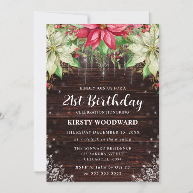 Invitación Fiesta de Cumpleaños 21 Rustic Wood & Poinsettia (Anverso)
