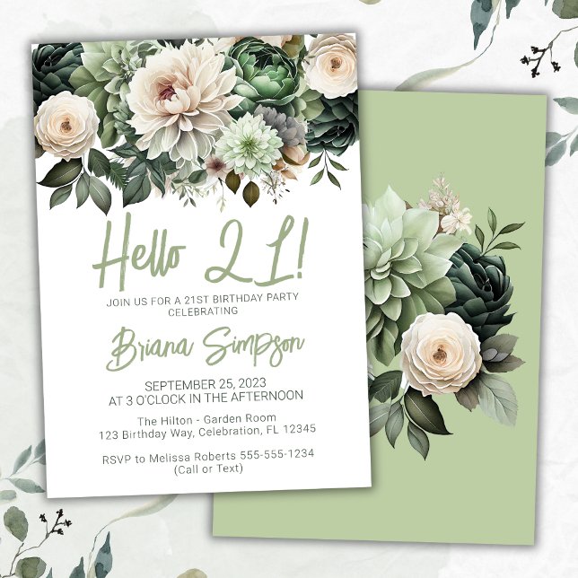 Invitación Fiesta de cumpleaños 21 Sage Verde Floral (Subido por el creador)