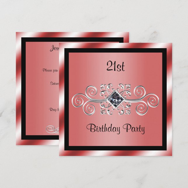 Invitación Fiesta de cumpleaños 21 Silver Swirls & Diamond (Anverso / Reverso)