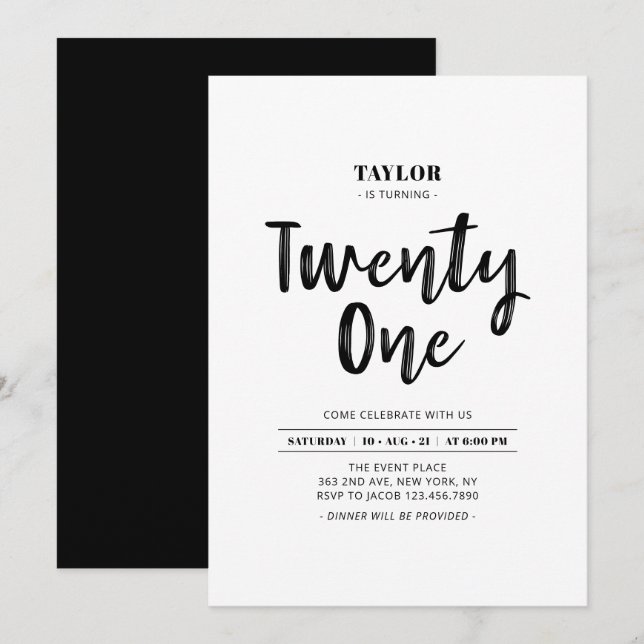 Invitación Fiesta de cumpleaños 21 simple en negro y blanco (Anverso / Reverso)