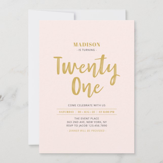 Invitación Fiesta de cumpleaños 21 simple en rosa y dorado (Anverso)