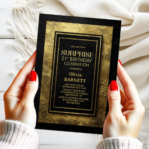 Invitación Fiesta de cumpleaños 21 sorpresa de oro negro