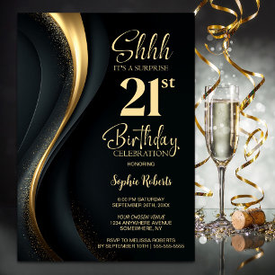 Invitación Fiesta de cumpleaños 21 sorpresa negra y dorada