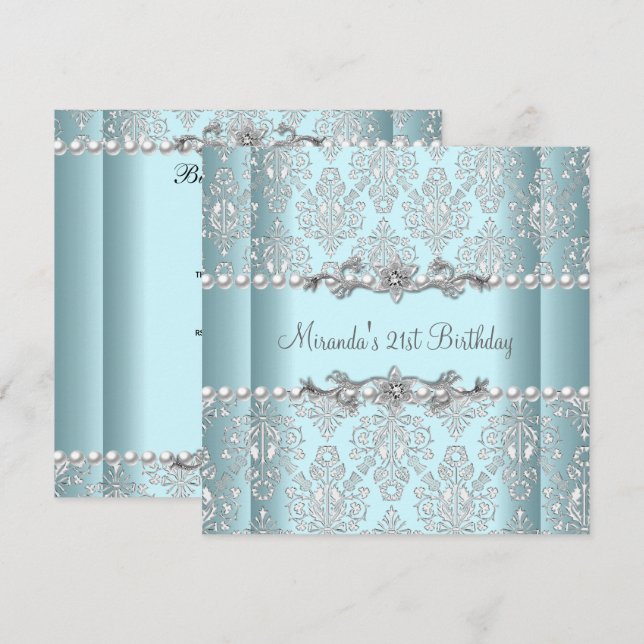 Invitación Fiesta de cumpleaños 21 Teal azul blanco perla pla (Anverso / Reverso)