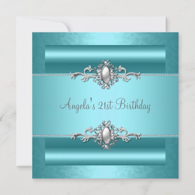 Invitación Fiesta de cumpleaños 21 Teal Azul Perla Plateada J (Anverso)