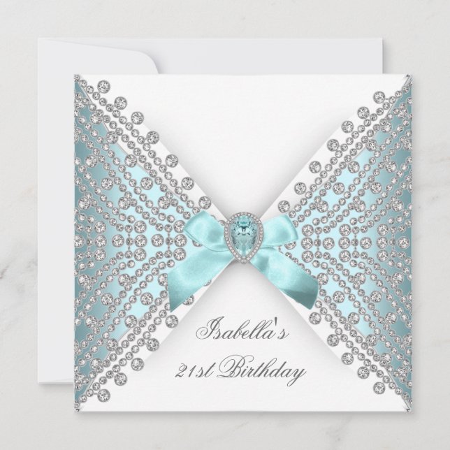 Invitación Fiesta de cumpleaños 21 Teal Blue Silver White Dia (Anverso)