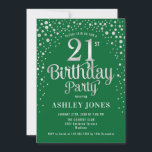 Invitación fiesta de cumpleaños 21 - Verde y Plata<br><div class="desc">Invitación a la fiesta de cumpleaños número 21. Elegante diseño en verde selva esmeralda y falsa plata purpurina. Presenta un diseño elegante de tipo de letra y letra de guión. Mándame un mensaje si necesitas edad personalizado.</div>