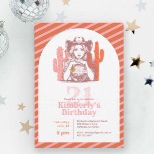 Invitación Fiesta de cumpleaños 21 Western Cowgirl Retro Rosa