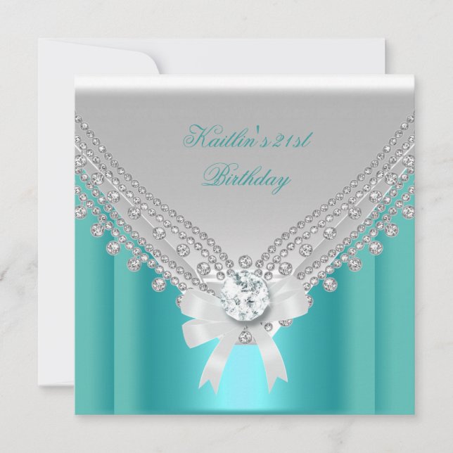 Invitación Fiesta de cumpleaños 21 White Teal Blue Diamond (Anverso)