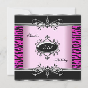 Invitación Fiesta de Cumpleaños 21 Zebra Negro Blanco Rosa Pl