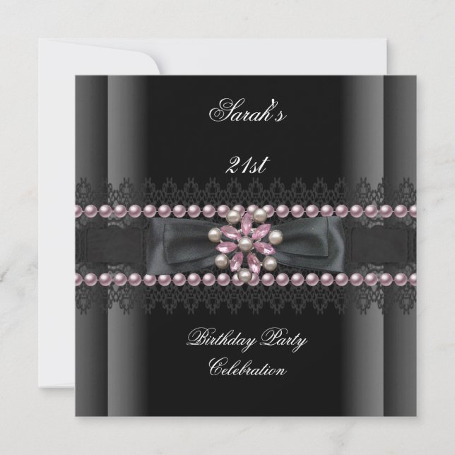 Invitación Fiesta de Cumpleaños 21st Negro Blanco Perla Rosa (Anverso)