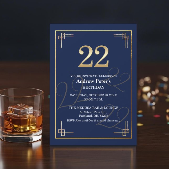 Invitación Fiesta de cumpleaños 22 elegante azul oro (Subido por el creador)